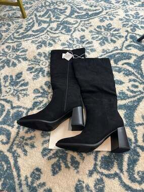 A New Day Women's Larisa Knee High Black Micro Suede Block Heel Boots
